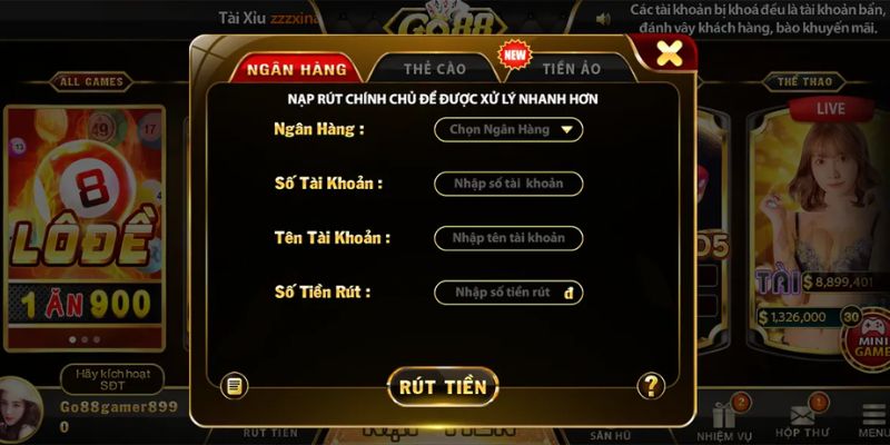 Người chơi lựa chọn mục rút tiền tại GO88 và thực hiện bước chuyển tiền